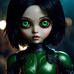 Realistic picture of a teenage vampire with extremely big doll eyes and very huge eyeballs like Alita in Battle Angel, green eye color, high cheek bones, full lips, very wide mouth with vampire fangs, no visible teeth, big head