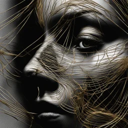 Woman face made of golden metal wires