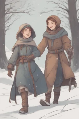 DnD style, two medieval peasant kids playing in the snow male and female, age 14 and 15, happy and playful