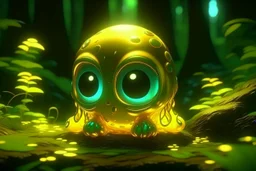 cute chibi slime radiant golden glow in mystical bioluminescent forest , highly detailed , cute facial features , 3D reflections