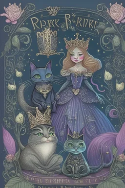 dark fantasy, intricate book cover showing a cat in boots, a frog with a crown and a fairytale princess with a glass slipper, whimsical