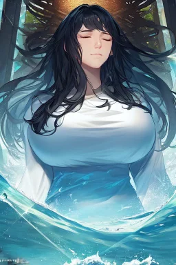 a beautiful woman, long curly black hair,closed eyes,coming from beneath the water,braking the surface with her face just coming out the water,looking up symbolism for breaking free. realistic,8k quality, action close shot from areal view,highly detailed , chaos 80