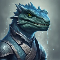 A blue and silver scaled Argonian drenched in lizard cologne a fragrant odor waffling off of them, in digital art style