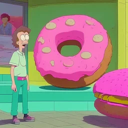 Morty staring at a giant pink donut, while Rick explains his plan to steal the recipe of the Krusty Burgers.