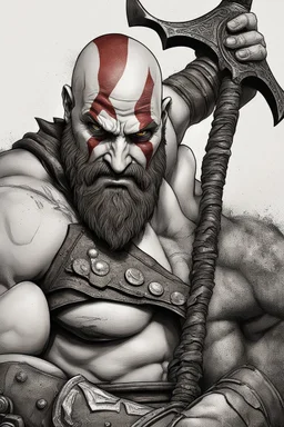 Generate a detailed and dynamic digital illustration of Kratos, the iconic character from the God of War video game series. Ensure that Kratos is portrayed in a powerful and imposing stance, wielding his signature weapon, the Leviathan Axe, with dramatic lighting that emphasizes his strength and determination. Pay attention to capturing the intricate details of his armor, facial expression, and any surrounding elements that enhance the epic and mythical atmosphere of the scene