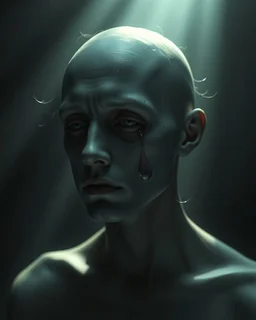 A pale - skinned figure with a single tear rolling down its cheek, illuminated by a beam of otherworldly light, creating a somber atmosphere. --ar 9:16