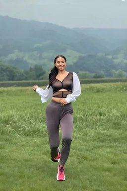 lady in pants and blouse and sport shoes dancing