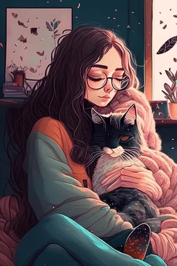 cozy vibes art girl with cat
