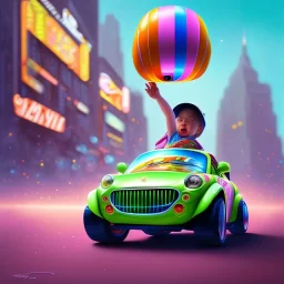 A one-year-old boy rides in the plastic funny toy-car on the middle of a busy street in new york. He has and a large-brimmed straw hat. somehow photographic bright colors and sunset, fantasy art, Anna Dittmann, digital painting, dan mumford, oil on canvas, jeff koons, akihito yoshida, wlop, kodachrome,