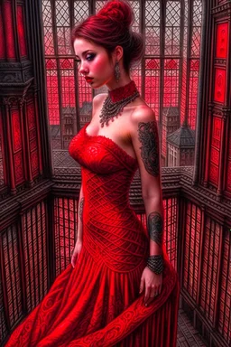 beautiful alluring tattooed female vampiress in thin red dress standing on top of the gothic cathedral top view. Luis Royo, Steve Hanks, hyper-detailed, hyperrealistic, digital art, detailed background, dark fantasy, cinematic, vibrant pastel colours