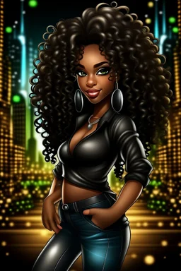 Create a digital airbrush cartoon of an African American female wearing a black jean outfit with timberland boots. Prominent make up with hazel eyes. She is wearing large diamond hoop earrings. Extremely highly detailed very long curly hair that shines. Background of a night club.