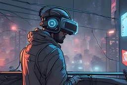 a man with a complex VR helmet connected to wires, cyberpunk, window at the city, fog, hovering cars, comic book art style, night time,