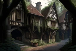 large medieval gothic, wooden inn, with a balcony, next to a cobbled road, in a wood, dense foliage, photo-realistic