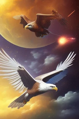 Eagle is flying in the space and is holding the earth in his claws.