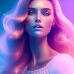 A portrait very beautiful woman ,smiling, longs hairs,elegant, atmospheric, realistic, cinematic lighting, pink blue light, 8k, galactic atmosphere, flowers