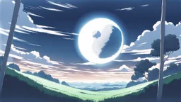 giant half transparent virtual moon, glitchy, blurry, maximum quality, centered on frame, far view, in the middle of a grassy hill, white sky with cumulonimbus, manga, makoto shinkai style
