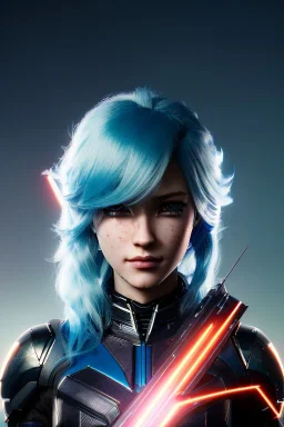 Smirking Cyborg anime assassin, light blue hair, blue eyes, dark clothing, waist up portrait, 8k resolution, intricate details, ornate details, soft lighting, vibrant colors, retroanime, masterpiece, intricate eyeliner, dark eyeshadow, eyes, intricate tattoos, futuristic cityscape background
