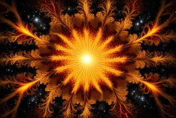 photo on the part of the sun with fractal sunburst, yellow, gold, or orange, flaming colors, Its radiant, symmetrical in the big dark galaxy, Sunburst is a stunning natural occurrence , fills the sky with radiant hues of red, orange, and yellow, creating an awe-inspiring sight that takes one’s breath away., burst of light that radiates outwards in all directions., intricate detailed, ethereal, high contrast, stunning, fantasy, cinematic, masterpiece