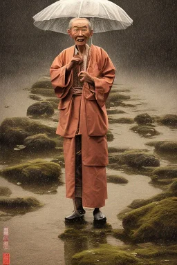 A man in old Japanese clothes is standing in nature while it is raining dramatic scene