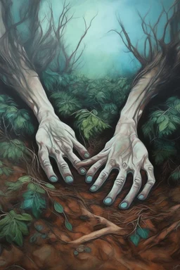 Hands are planted in the ground like trees Busch painting style
