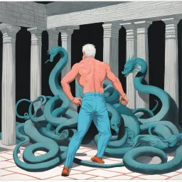 #5 Original Art by David Hockney (Vortex Comic, 1988): [greek god model in flesh] Trapped in a forgotten temple, a man fights against two immense serpents. his face contort in pain, muscles straining against the relentless grip. His struggle embodies resilience and the pursuit of freedom. In the decaying ruins, his defiance resonates deeply. With unwavering determination, he refuses to yield. Bound by an unbreakable bond, he draw strength from each other. his battle echoe