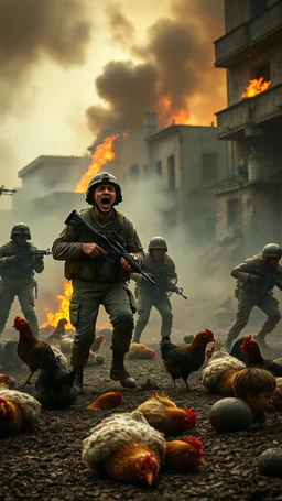 Army solders screaming in a smoke and fires war environment destroyed buildings in the background and dead chickens and children on the ground