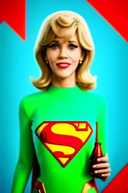 portrait, blonde, Jane Fonda, make-up, happy, coca-cola drinking, Realistic image, retro pop, 60s, supergirl, tights minimal dress, sweat, Color background, photo studio, concept art, smooth, unreal engine 5, god lights, ray tracing, RTX, lumen lighting, ultra detail, volumetric lighting, 3d, finely drawn, high definition, 4k.