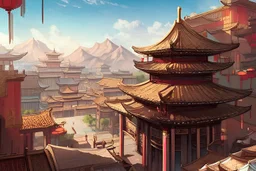Chinese city 1000 AD with mountains and desert in background in western china