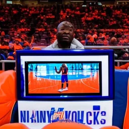 a man watching the New York Knicks game on a television