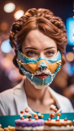 portrait of cute woman muzzled like a dog, baker of the highest advanced art cake sculpture during a casino game show, bokeh like f/0.8, tilt-shift lens 8k, high detail, smooth render, down-light, unreal engine, prize winning