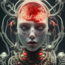 a girl with a cyborg brain and a lot of red liquid, steam punk, scary, horror, realistic, made in octane, cinematic, ultra-realistic, extremely detailed octane rendering, 8K, VRAY Super Real ar 2:3, dof photorealistic futuristic 50mm lens hard lighting dark gray tintype photograph, realistic lighting, sephia colors