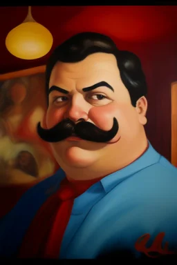 Fat Superman burguese mustache at the casino oil canvas.