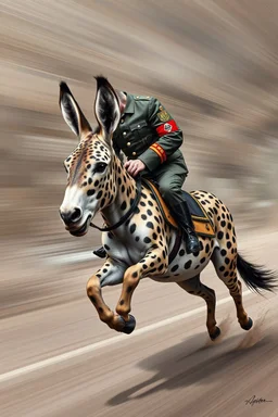 mexican general Hitler on fast cheetah dog donkey, airbrush and pen outline, motion blurred background
