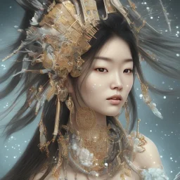 a wonderfull japanese woman, curves, indigenous clothing, silver long hair, hair covering one eye, ultradetailed fine art photo of a indian, weet face portrait, snow flakes particles, 8 mm lens, golden ratio composition, detailed face, studio photography, very detailed,masterpiece, artstation, 8 k, highly coherent