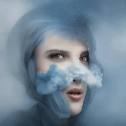 clouds of fog as woman's face, dissolving, disintegrating, wearing blue hijab, fine detail, highly intricate, wearing blue hijab, modern surrealism painting, high-quality, volumetric lighting, 8k, ultrahd, George Grie, Marco Escobedo, Igor Morski,Brian Froud, Howard Lyon, Selina French