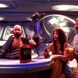 Gina Strippoli brian anwander and Steve Moretti in the future with alien drinking beer in a mothership