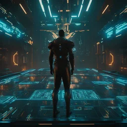 generate an evil giant ai hologram that looks similar to the bladerunner hologram, regime controlled by the ai, superior perspective, camera looking up, 8k , masterpiece, dark, evil, hologramm, ai, cables, epic, Hologramm, cyber like, cyberpunk, futuristic, sauron