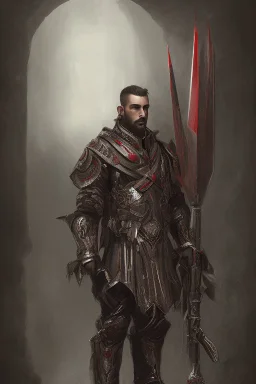 a man modern in military science fiction armor, the armor must be made of spiritual fabric, black and red. a fabric similar to that worn by men of the witch church of the past.