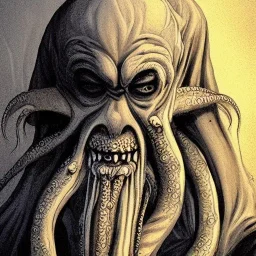 Cthulhu with white skin and a beard made of fleshy tentacles as a Russian Orthodox nosferatu with yellow eyes and vampire fangs