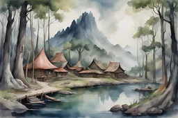 fantasy watercolor painting of an elf village at the edge of an ominous dark forested hill the the shore of a large lake. with round buildings embedded in tree trunks. small dock along the lakeshore.