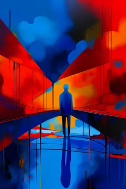 Bridge, with a blue abstract background, a bright blue man standing in the middle of the background, in the style of dark red and light orange, conceptual album art, celestial, soft and dreamy depictions, emancicore, mind-bending murals, light crimson and gold, rough painting