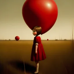 A girl talking to à red balloon, in a field, in the style of Margaret Keane