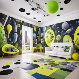 photo-realistic and highly detailed, weird but also humorous, this big room sees very cute girl in neo-dada outfit playing alien creatures in a 4D psionic competition. It is a playroom with surreal boho wall art, white, black, mustard, lime green, indigo geometric paintings, abstract sci-fi dream aesthetic