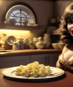 Ultra realistic photographic portrait, happy elegant Gina Lollobrigida woman sitting with arms resting on Italian kitchen table, pretty tortellini dish, classic style decoration, cold, soft color, highly detailed, unreal engine 5, ray tracing, RTX, lumen lighting, ultra detail, volumetric lighting, high definition.