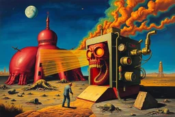 Welcome to the Machine, abominations filled with desolation, speak the truth and face ridicule, enhanced surrealism, by Os Gemeos and Gerald Scarfe and Derek Riggs and Max Ernst, violent colors, mind-bending imagery, sinister, classic horror tropes, by Graham Sutherland, liminal oncology