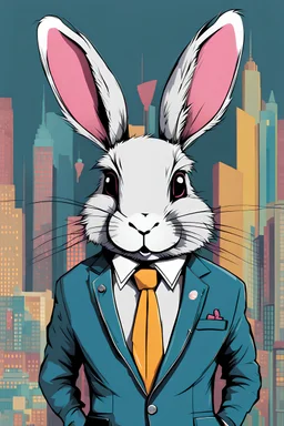 Generate a high-resolution image of a unique and whimsical creature called a "YABBIT." The YABBIT is a gender-neutral rabbit with a playful twist. Picture this extraordinary creature dressed in a slightly disheveled business suit, adding a touch of quirky charm to its appearance. The YABBIT stands upright, holding a sign in its paw that reads, "Yeah, but..." The sign is prominently displayed, drawing attention to the YABBIT's ability to question and challenge conventional ideas. The YABBIT's exp