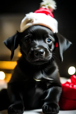 real, black puppy is wearing a Santa hat in a hanging decorated Christmas stocking