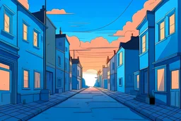 cartoon image: a blue street with a muted sunsetin the background