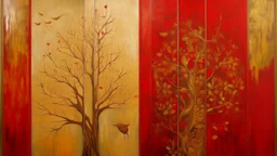 Diptych painting, two vertical panels, rich crimson red background. Abstract landscape, divided into sections with muted gold/tan elements. Vertical, dark, stylized tree forms dominate each panel, with varied brushstrokes creating texture. Small, realistic pears are placed on the lower right panel. One panel includes an abstract bird’s nest, a central light ochre area. Faint shapes resembling silhouettes of hills or mountains are seen in two upper sections. Soft, diffused light suggests a contem