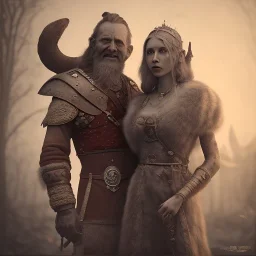 old viking with his zombie wife, scary, steam punk, realistic, made in octane, cinematic, ultra-realistic, extremely detailed octane rendering, 8K, VRAY Super Real ar 2:3, dof photorealistic futuristic 50mm lens hard lighting dark gray tintype photograph, realistic lighting, sepia color